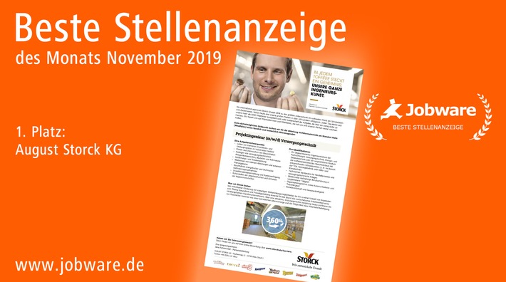 Bild: Jobware zeichnet STORCK für beste Stellenanzeige des Monats aus - Bildrechte: Jobware GmbH
Verwendung und Veröffentlichung unter Angabe der Quelle honorarfrei. Weiterer Text über ots und www.presseportal.de/nr/38682
