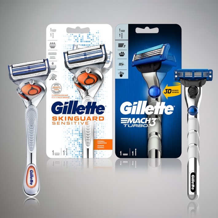 NEU: Produktfavoriten Gillette SkinGuard Sensitive und MACH3 Turbo jetzt mit beweglichem Klingenkopf / Weiterer Text über ots und www.presseportal.de/nr/35513 / Die Verwendung dieses Bildes ist für redaktionelle Zwecke honorarfrei. Veröffentlichung bitte unter Quellenangabe: