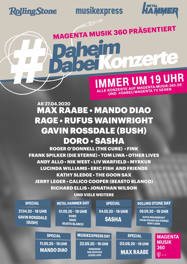 Exklusive #DaheimDabei-Konzerte von Axel Springer und Telekom mit rund 30 Künstlern wie Max Raabe, Sasha, Mando Diao und Rufus Wainwright. Start am Montag, 27. April 2020, 19.00 Uhr mit Gavin Rossdale. Weiterer Text über ots und www.presseportal.de/nr/63627 / Die Verwendung dieses Bildes ist für redaktionelle Zwecke honorarfrei. Veröffentlichung bitte unter Quellenangabe: