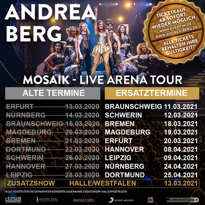 ?Mitten ins Herz!?, ?Danke für diesen unvergesslichen Abend!?, ?Was für eine Show!? Mit der MOSAIK-Live Arena Tour begeistert Andrea Berg ihre Fans in Deutschland, Österreich und der Schweiz. Die Ausnahmekünstlerin schafft hierbei in beeindruckender Weise den Spagat zwischen der effektvollen Show auf einer hochmodernen Bühne und einem emotionalen, bewegenden Konzerterlebnis.?Es waren für mich unvergessliche Abende, die ich alle tief in meinem Herzen behalten werde und für die ich aufrichtig dankbar bin. Ihr lasst mich meine Träume auf der Bühne leben. Unsere gemeinsame MOSAIK-Reise ist noch lange nicht zu Ende. Ich freue mich riesig, 2021 mit Euch gemeinsam wieder das Leben zu feiern ? noch bewusster, noch intensiver, noch dankbarer?, sagt Andrea Berg. Mit der Doppel-Live CD ? aufgenommen vor 12 000 Fans in der ausverkauften Wiener Stadthalle - bedankt sich die erfolgreichste Sängerin der deutschen Chartgeschichte nun bei ihren Fans. Zudem beinhaltet das Produkt eine DVD mit den Highlights der Show. Erhältlich ist es ab sofort im Handel und unter www.andrea-berg.de. Freuen Sie sich auf die Titel vom mit Platin ausgezeichneten Erfolgsalbum MOSAIK, viele Superhits und jede Menge Gänsehautmomente - eben 100 Prozent Andrea Berg! Ein Muss für alle Fans!Doppel-Live CD32 Live-Titel, aufgenommen in der ausverkauften Wiener Stadthalle & vier BonustracksDVDHighlights der Show in der ausverkauften Wiener Stadthalle & vier BonusvideosZum VÖ-Termin hat sich Andrea Berg eine besondere Überraschung für ihre Fans überlegt: ?Leider können wir uns derzeit nicht persönlich treffen, deshalb erfülle ich Eure Signierwünsche einfach bei mir zuhause - sozusagen eine virtuelle Autogrammstunde.?
Die virtuelle Autogrammstunde findet heute, 08.05., um 18 Uhr auf der Facebook-Seite von Andrea Berg statt.
Im kommenden Jahr setzt die Ausnahmekünstlerin ihre große MOSAIK-Live Arena Tour fort. Für alle Shows, die aufgrund der Corona-Pandemie behördlich verlegt werde...