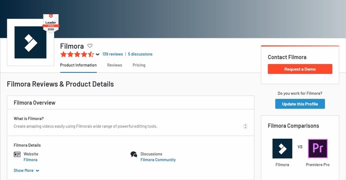 Screenshot für Bewertung von G2 für Filmora9 / Wondershare Filmora wurde im Winterbericht G2 2020 für die Videobearbeitung ausgezeichnet / ausschließlich zur redaktionellen Nutzung nur bei Nennung der Quelle und des Urhebers. 26.04.2020. Weiterer Text über ots und www.presseportal.de/nr/144322