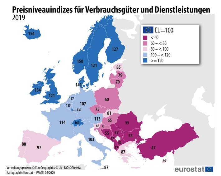 Preisniveauindizes für Verbrauchsgüter und Dienstleistungen 2019 Weiterer Text über ots und www.presseportal.de/nr/121298 / Die Verwendung dieses Bildes ist für redaktionelle Zwecke honorarfrei. Veröffentlichung bitte unter Quellenangabe: