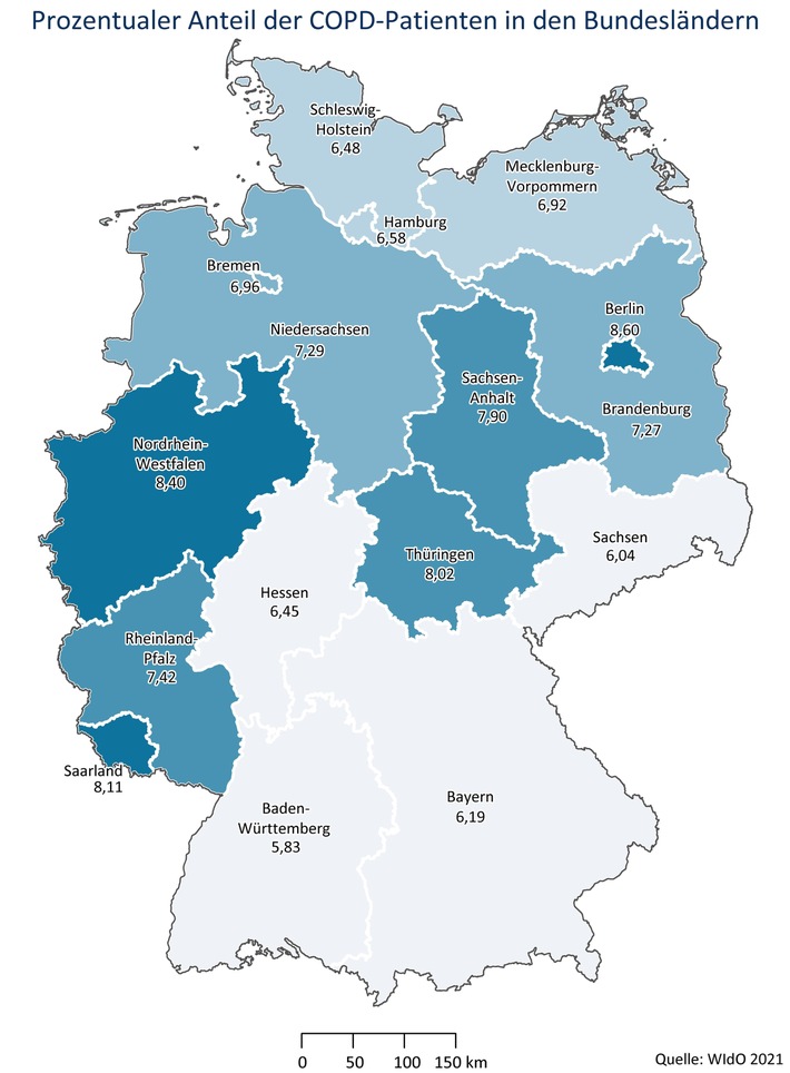 Der Gesundheitsatlas COPD des Wissenschaftlichen Instituts macht macht regionale Unterschiede bei der Krankheitshäufigkeit transparent. Im Vergleich der Bundesländer ist der Anteil der COPD-Erkrankten ab 40 Jahren in Baden-Württemberg mit 5,8 Prozent am niedrigsten. Den höchsten Anteil hat Berlin mit 8,6 Prozent. Die Ergebnisse für alle 401 Kreise und kreisfreien Städte in Deutschland sind im Bundesbericht unter www.gesundheitsatlas-deutschland.de abrufbar. / Regionen mit hohem Anteil Rauchender besonders stark von Lungenkrankheit COPD betroffen / WIdO veröffentlicht zum Weltnichtrauchertag den Gesundheitsatlas COPD / Weiterer Text über ots und www.presseportal.de/nr/32063 / Die Verwendung dieses Bildes ist für redaktionelle Zwecke unter Beachtung ggf. genannter Nutzungsbedingungen honorarfrei. Veröffentlichung bitte mit Bildrechte-Hinweis.