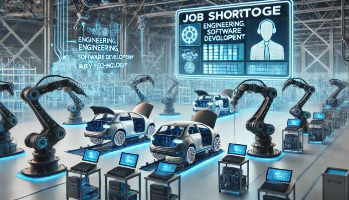 Eine futuristische Automobilfabrik mit Roboterarmen, aber unbesetzten Arbeitsplätzen, die den Mangel an qualifizierten Arbeitskräften symbolisieren.