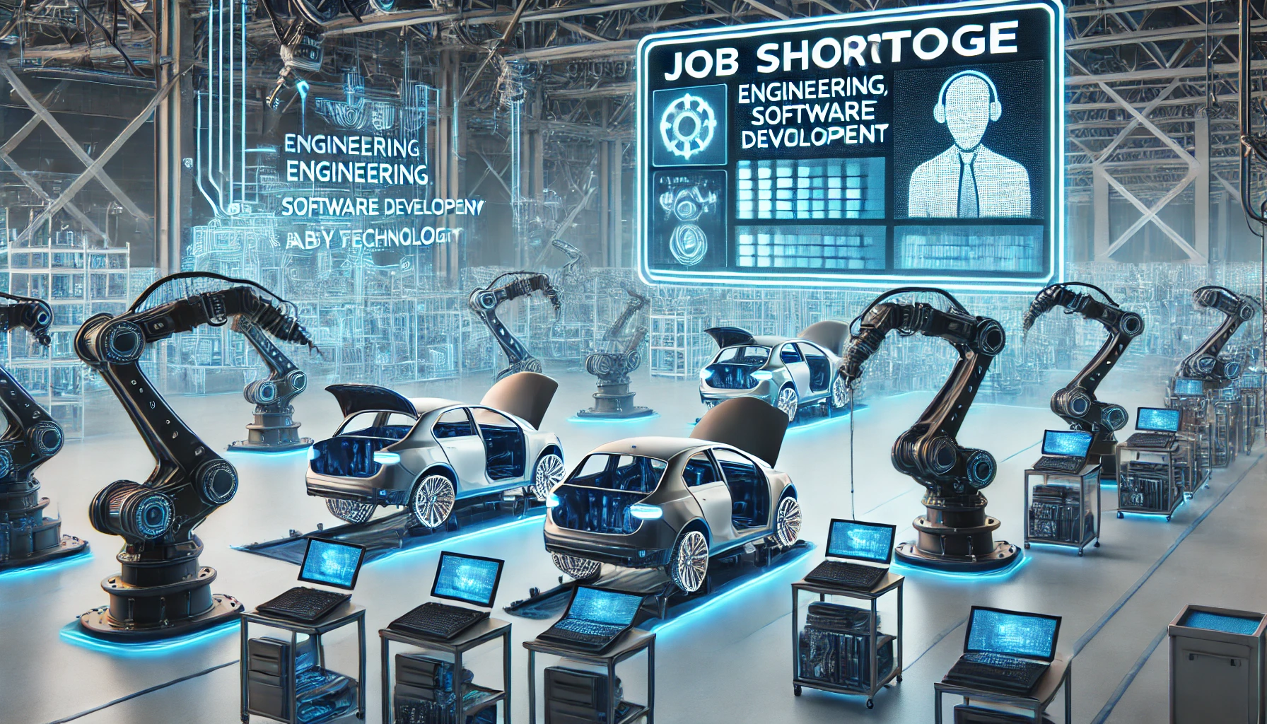 Eine futuristische Automobilfabrik mit Roboterarmen, aber unbesetzten Arbeitsplätzen, die den Mangel an qualifizierten Arbeitskräften symbolisieren.