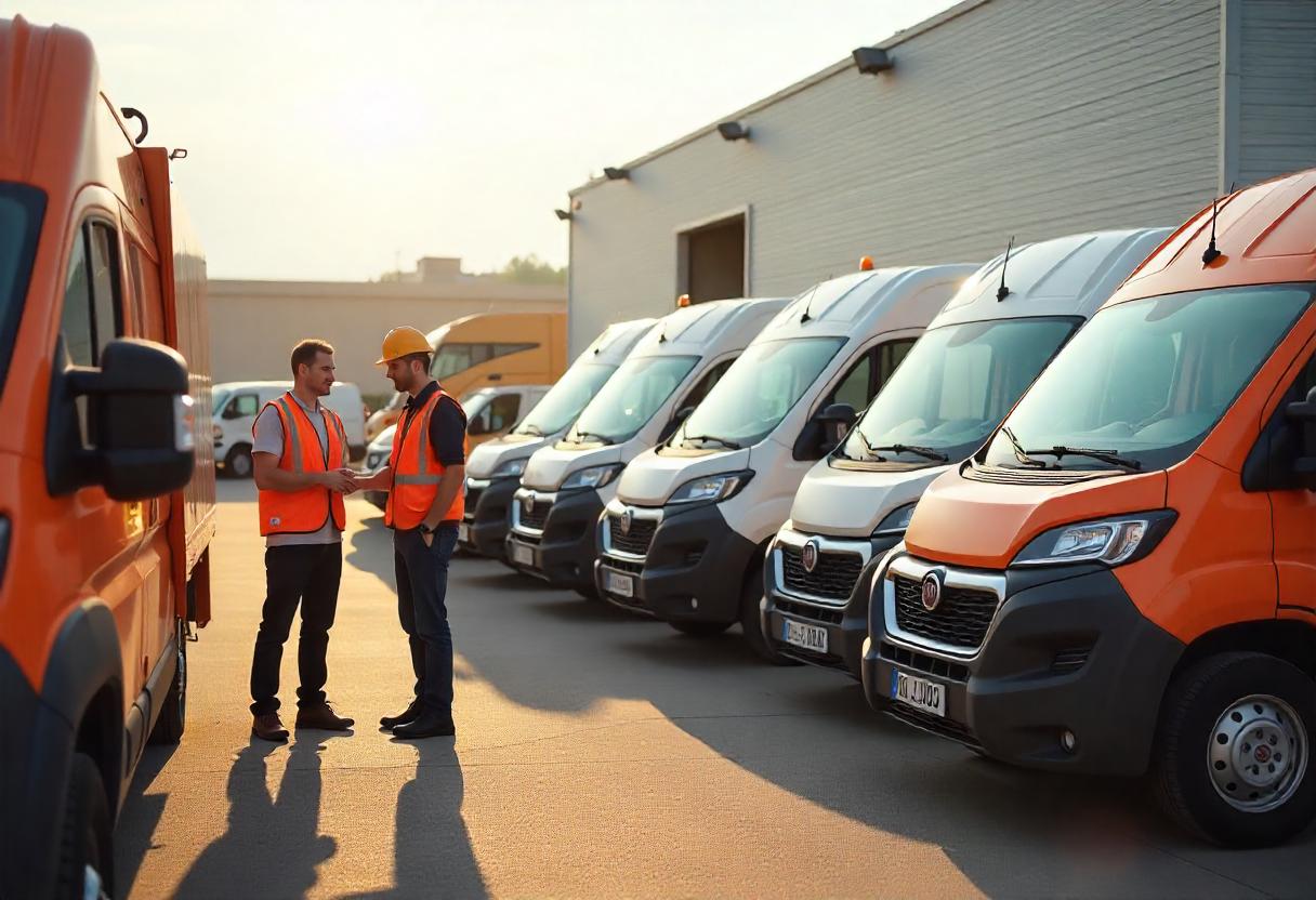 Ausstellung mit verschiedenen Transporter-Modellen unter 15.000 Euro von Marken wie Renault, Ford, Opel und Mercedes – mit Vergleichstafeln im Showroom