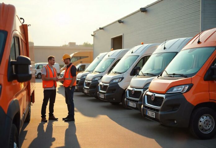 Menschen vergleichen gebrauchte Fiat Transporter wie Ducato, Doblò und Fiorino auf einem Händlerhof – Übersicht der Top-Modelle unter 15.000 Euro