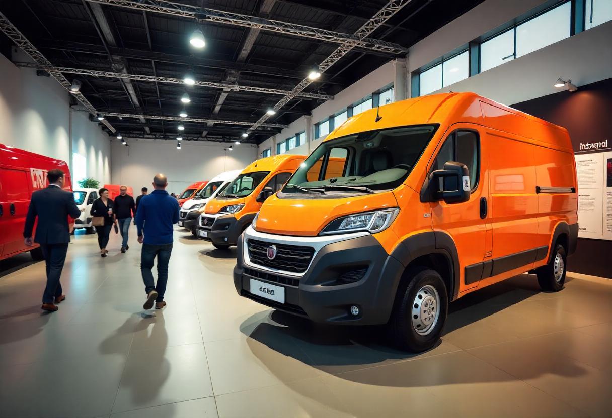 Ausstellung mit den zehn zuverlässigsten Fiat Transportern bis 15.000 Euro, darunter Ducato, Talento, Doblò und Fiorino – mit Infoschildern im Showroom