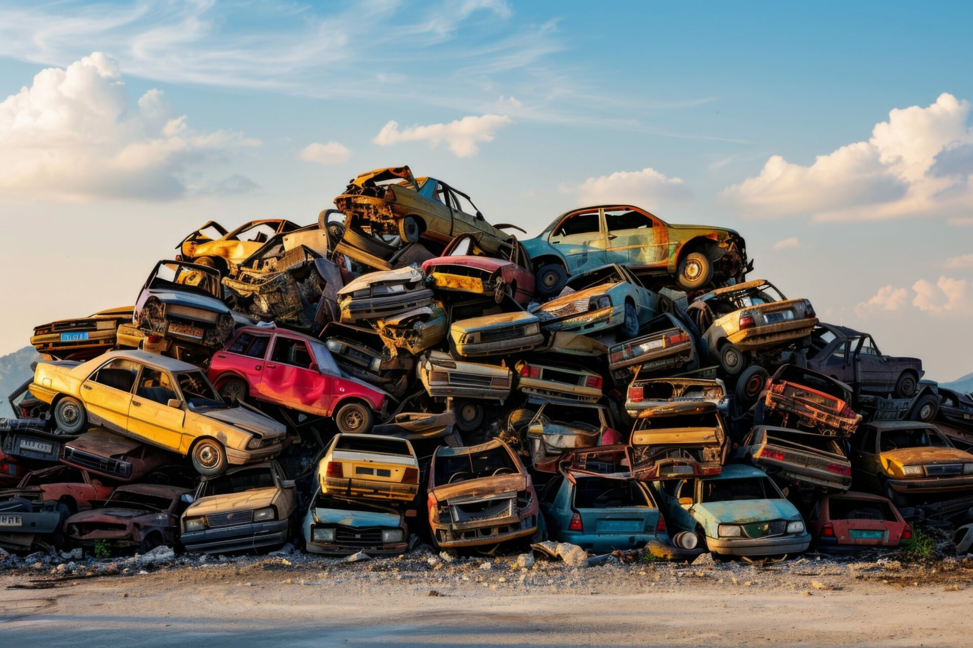 Pile of scrap waste of cars for recycling. Smashed destroyed car wrecks on car junkyard
