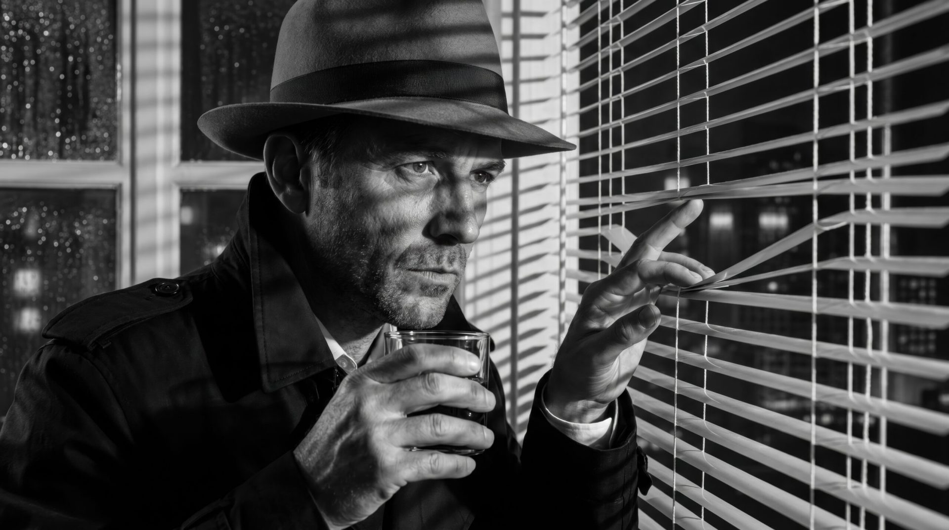 Private detective watching through window blinds with whiskey glass, noir investigator surveillance portrait.